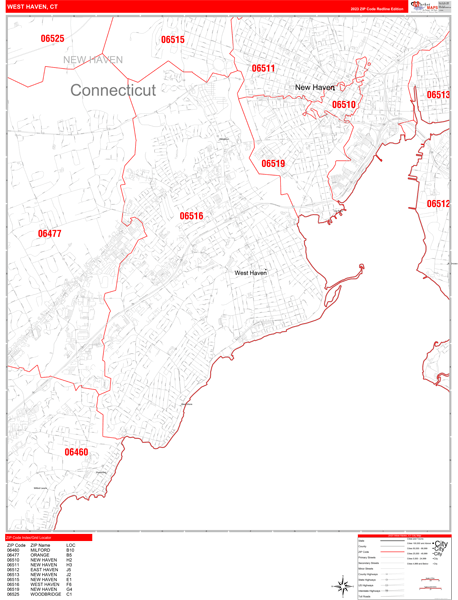 West Haven City Wall Map Red Line Style